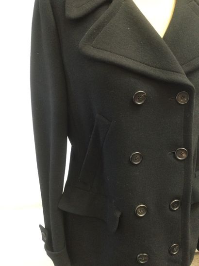 null PRADA, Men's black wool coat, double breasted with eight buttons, wide notched...