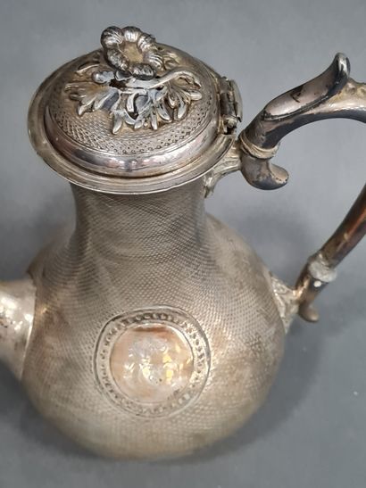 null Teapot in silver plated metal with guilloche decoration and monogram in cartouche,...