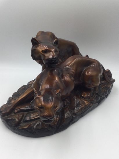  SCULPTURE in patinated plaster representing 2 lions in the stalk, Dim. 23 x 46 x...