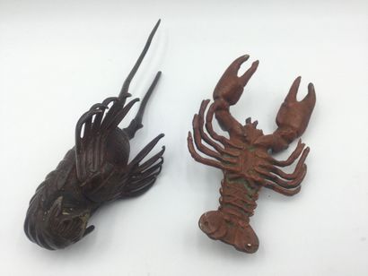  Lot de 2 sujets en bronze représentant un homard et une langouste, travail du XXème,...