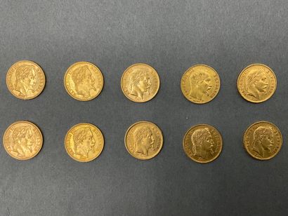 null Lot de 10 monnaies 20 Francs or Napoléon III tête laurée