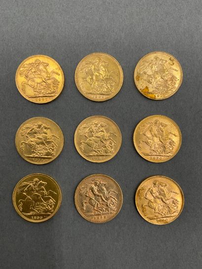 Lot de 9 Monnaies Souverain en or 917/°°...