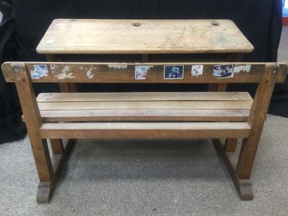 Old double school desk in wood, circa 1950,...