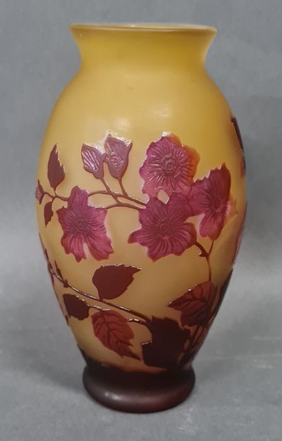  GALLE, Vase en verre multicouche à décor sur fond ocre, dégagé à l'acide et figurant...