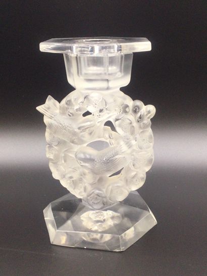  LALIQUE FRANCE, Candlestick model "Mésanges" out of pressed moulded glass with decoration...