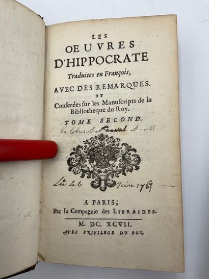 null [Médecine], Les oeuvres d'Hippocrate traduite en françois, 2 Vol. In-12 reliures...