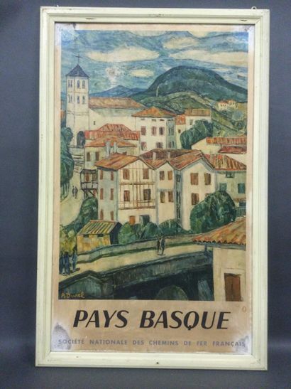 null AFFICHE ancienne de voyage SNCF "PAYS BASQUE" par A.Durel, 1959, Dim. 97 x 59...