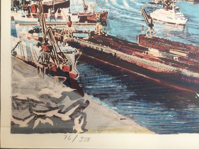 null Bertil DAHLSTRAND (1930), Vue du port de Göteborg, Lithographie, SBD et numéroté...