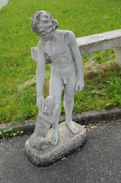 null Sculpture en marbre “Jeune garçon et son chien” - Ht 100 cm
