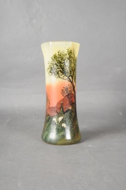 null LEGRAS - Vase tube à décor peint orné d'un paysage pastorale signé LEGRAS, référencé...