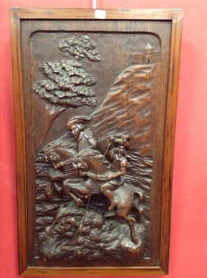 null Panneau en bois sculpté représentant deux chasseurs équestres et un sanglier...