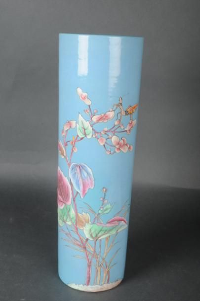 null E. COLLINOT - Vase rouleau à décor de branchages fleuris, insectes et papillons...