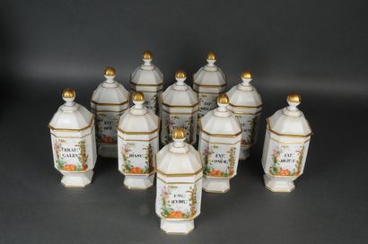 null Série de dix pots à pharmacie en porcelaine, décor floral rehaussé à l'or H...