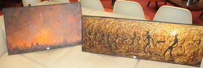 null Deux tableaux décoratifs représentant des scènes de chasse africaine. 35x106...