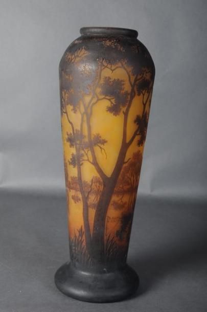 null DAUM, Vase en verre multicouches, décor de paysage lacustre, Ht 44 cm