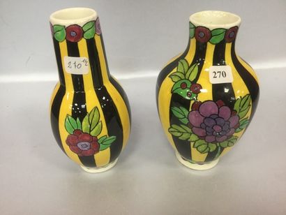 null BOCH.F La louvière, Deux vases en faïence à décor floral sur fond rayé et jaune,...