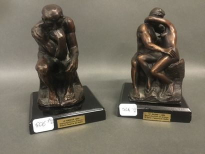 null Le Penseur et le Baiser, reproductions en bronze sur leurs socles d'après Rodin,...
