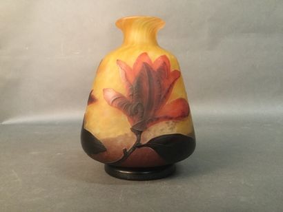 null DAUM - Vase piriforme, verre multicouches, décor aux magnolias H. 21 - 