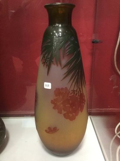 null GALLE, Vase, verre multicouches, décor dégagé à l'acide de laurier rose. Ht...