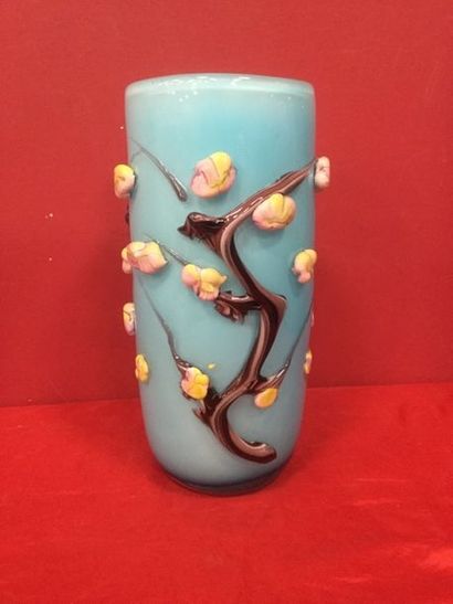 Vase en verre fleurs reliefs (bleu), H.3...