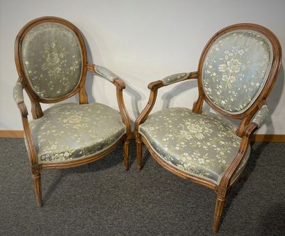 null Four armchairs, Louis XVI style, carved moulded wood, medallion back, green...