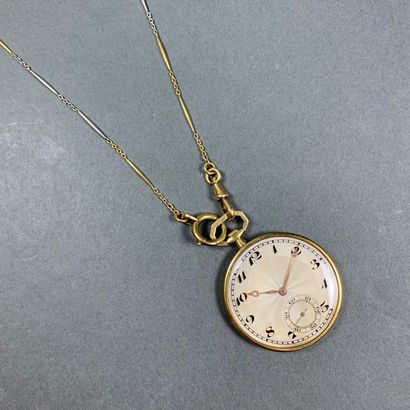 null Pocket watch in yellow gold 750, c. 1930, hand-wound, cream dial, railway track,...