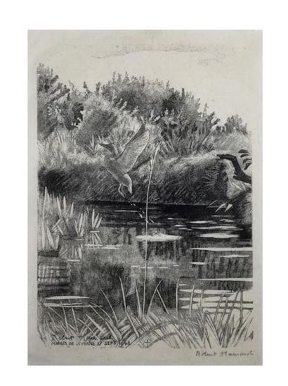 Robert HAINARD [CH] «Canard Volant», 1943, gravure sur bois (23.5x15.5 cm) Signé,...