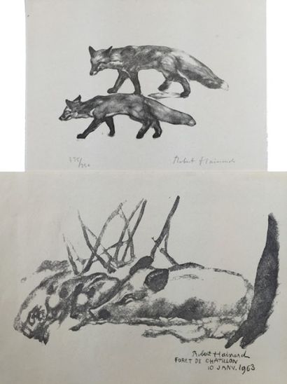Robert HAINARD [CH] Lot de deux gravures sur bois: «Deux renards» (16x13.5 cm) Contre...