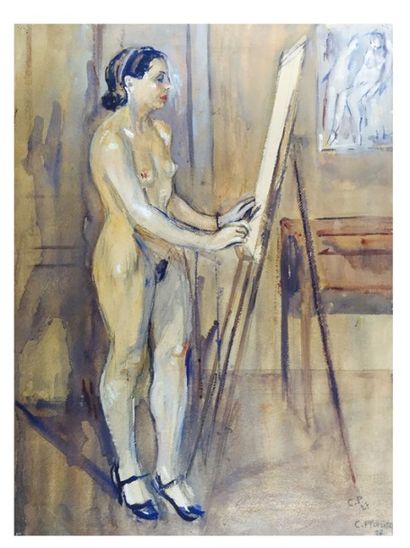 Auteur Inconnu «Femme nue à son chevalet», 1927, aquarelle ( 59x45 cm). Signature...