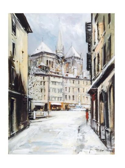 Guy PITTET [CH] «Le Bourg-de-Four vu de la rue Etienne Dumont», huile ( 55x42 cm)....