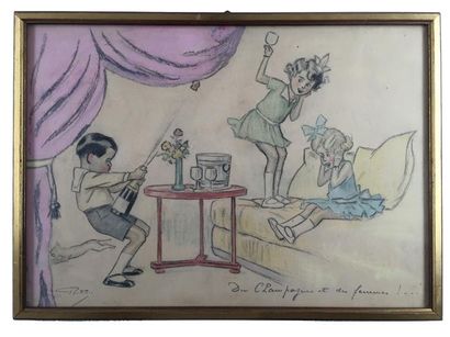 Georges REDON [FR] « Du champagne et des filles », dessin en couleurs (21.5x30 cm)....