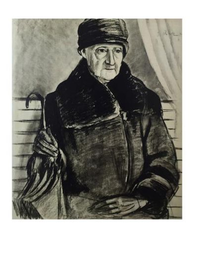 John REITZ, 1899-1982 [CH] «Grand-mère au parapluie»,dessin au fusain ( 56x48 cm)....
