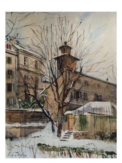Charles de ZIEGLER, 1890-1962 [CH] «Côté cour en hiver», aquarelle ( 61x46 cm). Signé...