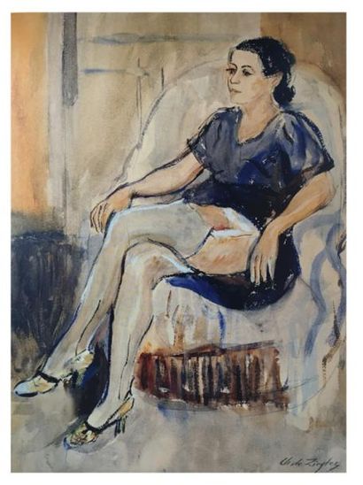 Charles de ZIEGLER, 1890-1962 [CH] «Femme en bleu à son fauteuil», aquarelle ( 62x45...