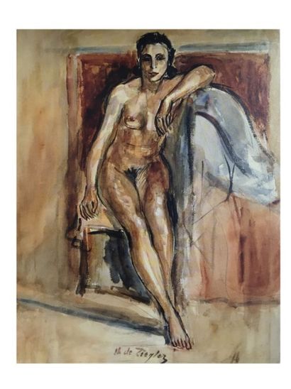 Charles de ZIEGLER, 1890-1962 [CH] «Femme nue adossée à son fauteuil», aquarelle...