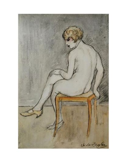 Charles de ZIEGLER, 1890-1962 [CH] «Femme nue assise et songeuse», aquarelle ( 54x38...