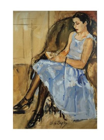 Charles de ZIEGLER, 1890-1962 [CH] «Lectrice à la robe bleue», aquarelle ( 62x48...