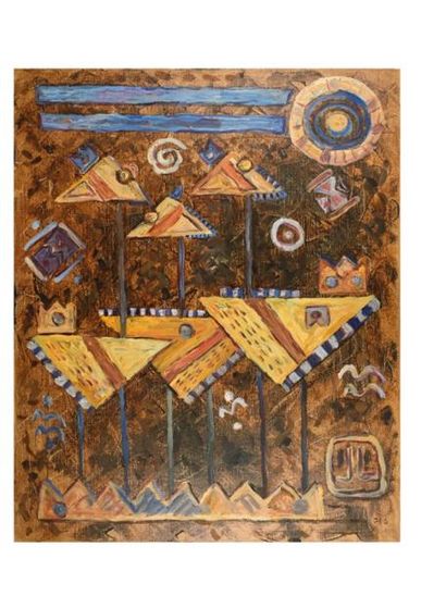 Jean-Luc Sollberger Composition aborigène dans les tons jaune et brun «Oiseaux»,...