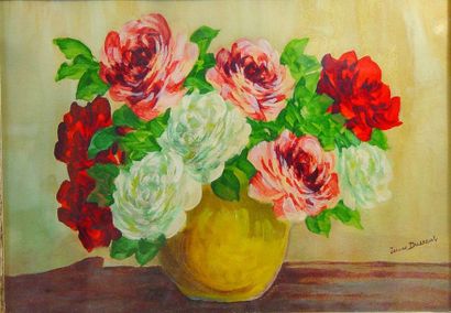 null 108- Jeanne DUSSAUT
''Vase de fleurs''
Aquarelle signée en bas à droite
32 x...