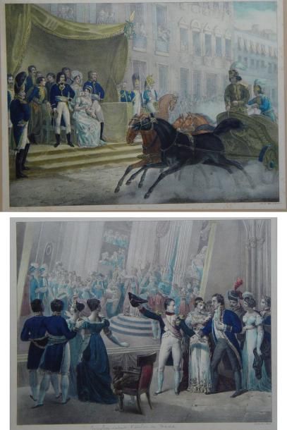 MOTTE C. "Napoléon visitant l'atelier de David" et "Couple Impérial" Deux gravur...