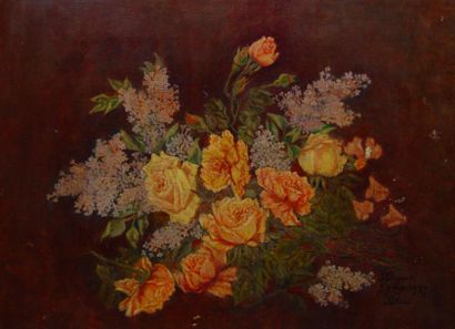 PIQUET J. "Fleurs" Huile sur toile signée en bas à droite et datée 1927 (accidents)...