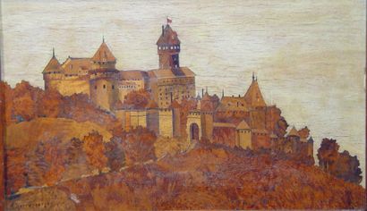 HERRENBERGER A. "Château fort" Marqueterie de bois Dim: 30 x 52 cm