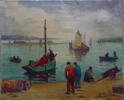 QUINTIN J. "Pêcheur au port" Huile sur toile signée en bas à droite Dim: 51 x 61...