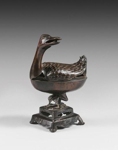103- Bronze perfume burner showing a duck...