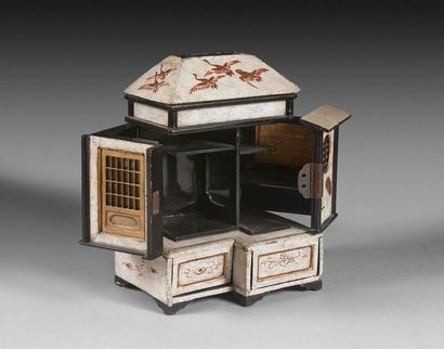 null 124- Small wooden cabinet in the shape of a house, with eggshell walls, gold...