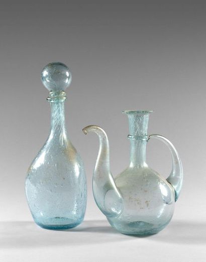 186- Blue blown glass bottle and pitcher...