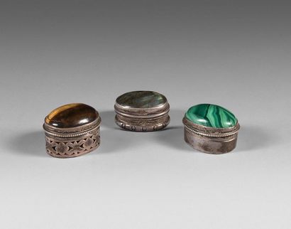 208- Three silver and hard stone pill boxes...