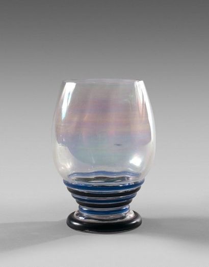 235- White crystal vase with blue and black...