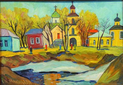 null 42- Russian School

"Church Square

Oil on cardboard

Signed BG Marceva and...