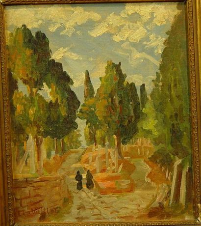 VIEILLOT (Clo ?) "Two walkers in a cypress alley.

Oil on cardboard signed lower...